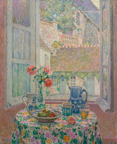 俯瞰庭院的桌子 - 俯瞰庭院的桌子 - Henri Le Sidaner 的绘画（1862-1939） 作者 亨利·尤金·奥古斯丁·勒·斯达纳