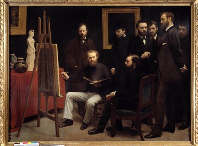 A workshop at the Batignolles. Among the characters present: Otto Scholderer, Edouard Manet (1832-1883) sitting in the centre, Pierre Auguste Renoir (1841-1919), Zacharie Astru (1835-1907), Emile Zola (1840-1902), Edmond Maitre (1840-1888), Frederic Bazill 作者 Ignace Henri Jean Fantin Latour