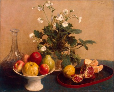 花，带水果的盘子和咖啡杯"，1865年。 作者 Ignace Henri Jean Fantin Latour