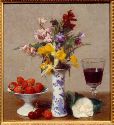 静物叫订婚 一杯红酒、一束混合色、樱桃和草莓。 亨利·方丹·拉图 (Fantin-Latour) (1836-1904) 1869 年作画。 0,32x0,29 m 格勒诺布尔，美术博物馆 作者 伊格纳斯·亨利·让·范坦·拉图尔