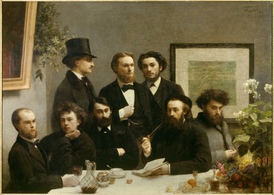 桌角 代表从左到右 Paul Verlaine、Arthur Rimbaud、Elzear Bonnier、Leon Valade、Emile Blemont、Jean Aicart、Ernest d