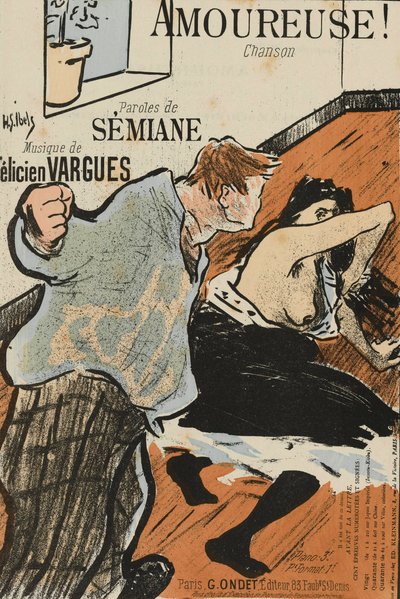 Amoureuse 乐谱的封面！ 作者 Felicien Vargues，Ibels，Henri Gabriel (1867-1936)。 彩色石版画 作者 亨利·加布里埃尔·伊贝尔斯