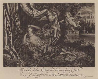 Nell Gwyn and her two sons, Charles, Earl of Burford, and James, Lord Beauclerk (engraving) 作者 亨利·加斯卡（Henri Gascar）