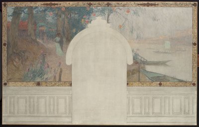阿斯尼耶尔市政厅草图：春天。阿斯尼耶的塞纳河，约 1900 年（布面油墨） 作者 亨利·加斯顿·达里恩