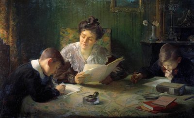 家庭作业 母亲帮助孩子们做家庭作业。 Henri Jamet (1858-1940) 的绘画，二十世纪奥尔良，美术博物馆 作者 亨利·贾梅特