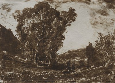 两名船夫在附近一簇树丛中的沼泽中，c。 1857年。 作者 亨利·约瑟夫·康斯坦特·迪蒂勒