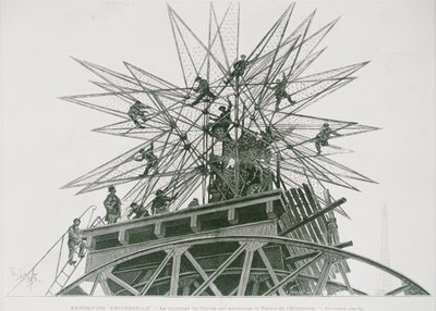 1900 年万国博览会：在电力宫顶部安装星星（雕刻） 作者 亨利·拉诺斯