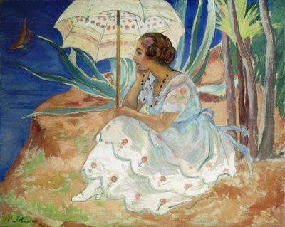 年轻女子带着伞，圣马克西姆； 《 Ombrelle Saint-Maxime，约1918年》中的年轻女孩 作者 亨利·勒巴斯克