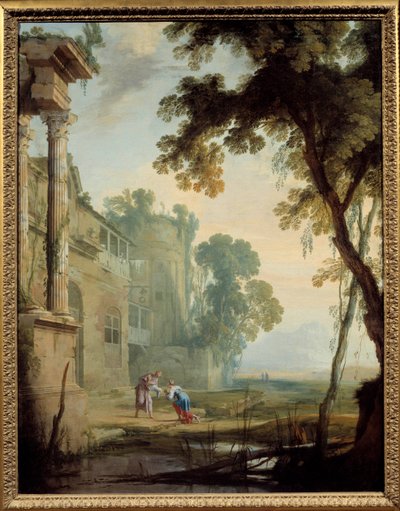 Landscape consists: a woman an old man and a child in a landscape of Roman ruins with pond. Painting by Henri Mauperche (1602-1688) 作者 亨利·莫佩什