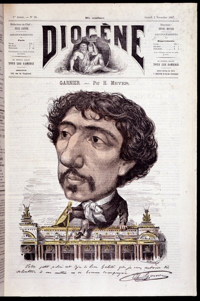 Charles Garnier 的卡通，坐在他的作品，Opera Garnier 上 - 来自 1867 年 2 月 11 日的“第欧根尼” 作者 亨利·迈耶（Henri Meyer）
