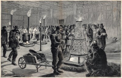 1891年香榭丽舍大街自由艺术宫的夜间庇护所--亨利-迈耶的绘图，纳维利埃在1891年 "杰出杂志 "上的雕刻。 作者 亨利·迈耶（Henri Meyer）