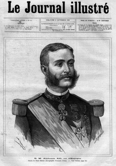 西班牙国王阿方索十二世（Alphonse XII）（1857-1885）的肖像--1883年《图解日记》的封面--由亨利-迈耶（1844-1899）绘制。 作者 亨利·迈耶（Henri Meyer）