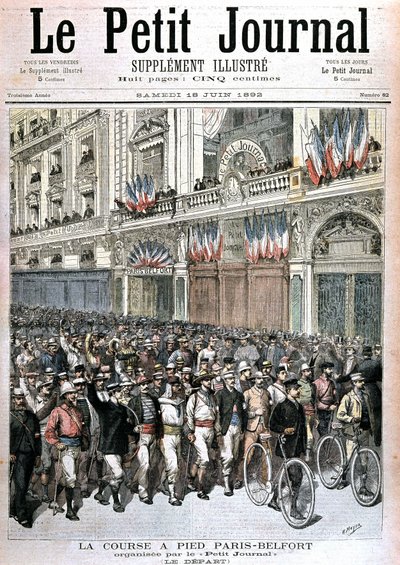 1892 年 6 月 18 日在“”Le petit journal“”” 由 PetitJournal 组织的巴黎 - 贝尔福跑步的人群开始。 作者 亨利·迈耶（Henri Meyer）