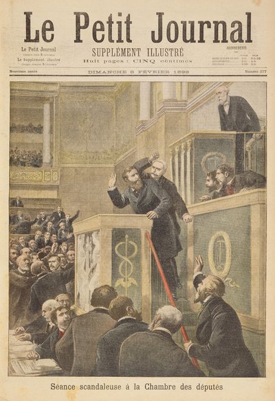 描述众议院丑闻会议的标题页：Jean Jaures在关于Dreyfus事件的辩论中被Bernis袭击，插图来自Le Petit Jou的插图补充 作者 亨利·迈耶（Henri Meyer）