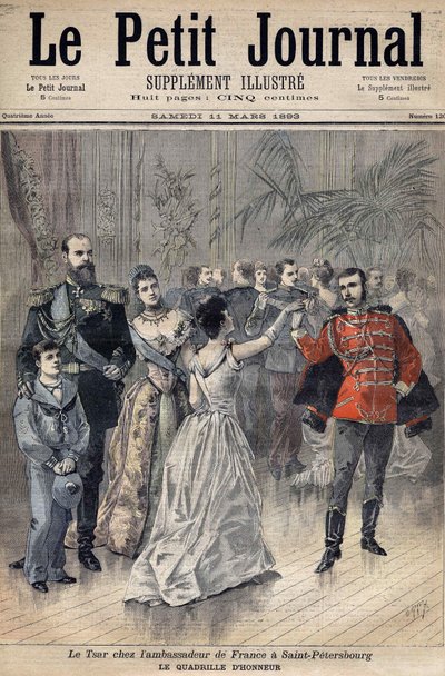 沙皇亚历山大三世于1893年在圣彼得堡会见法国蒙特贝罗伯爵的大使。荣誉的格子。1893年《小报》的封面（雕刻版 作者 亨利·迈耶（Henri Meyer）