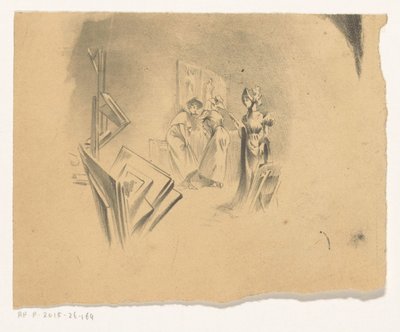 三位女士在工作室欣赏版画 作者 亨利·帕特里斯·狄龙（可能）