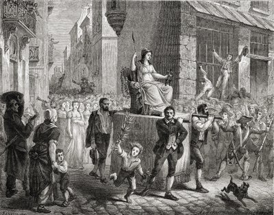 理性女神的游行，1793年11月10日，来自路易斯·布兰克（1811-82）的“革命法国化”，由Meyer-Heine雕刻，1847年至1862年 作者 亨利·雷诺（Henri Renaud）