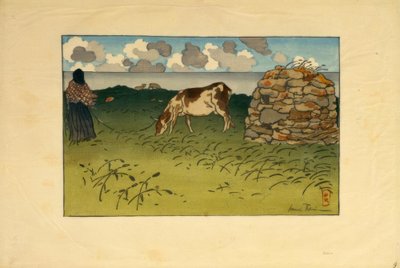 一个女人和一头牛，Pointe de la Haye（圣布里亚克）。 作者 亨利·里维耶尔（Henri Riviere）