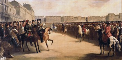 Tsar Peter I the Great of Russia (1672-1725) accompanied by the Regent Philip II Duke of Orleans (1674-1723) during his visit to France reviews the mounted troops at the Tuileries (Paris) on 16/06/1717 作者 亨利·塞鲁（Henri Serrur）