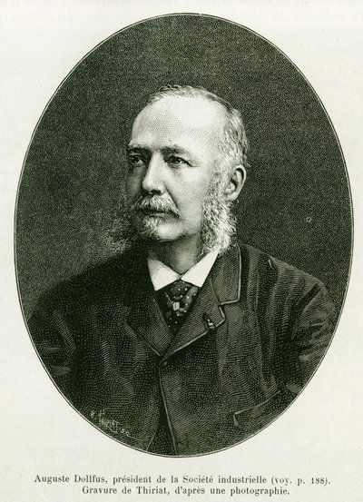 Auguste Dollfus，工业公司 Dollfus Mieg 的总裁。 由 Thiriat 雕刻以说明故事 A 通过阿尔萨斯和洛林，由查尔斯·格拉德 (Charles Grad)，德国代理，于 1885 年，在 1886 年的世界之旅中，在爱德华·查顿 (Edouard Charton) 的指导下 (1807 作者 亨利·提里亚特