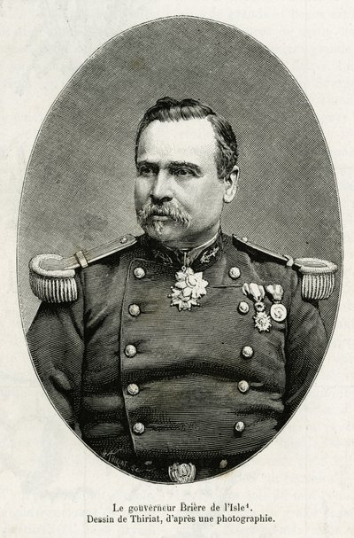 路易斯-布里埃-德-拉伊尔总督（1827-1896）的肖像，法国将军和殖民地管理者。Thiriat的雕刻作品，用于说明海军陆战队步兵指挥官Gallieni于1880-1881年在上尼日尔的探索故事，发表在The To上。 作者 亨利·提里亚特