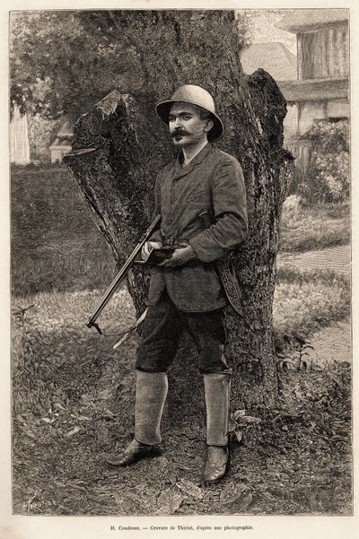 亨利-库德鲁（1859-1899）的肖像，地理学教授和亚马逊（巴西）探险家。Thiriat为 "chez nos indiens, quatre annees de voyage dans la Guiane francaise "的故事绘制的版画。 作者 亨利·提里亚特