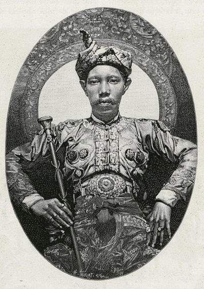 1880年，苏卢（或苏禄）（菲律宾）苏丹穆罕默德-亚马鲁-阿拉姆的画像。瑟里亚特的版画，为 "菲律宾之旅 "的故事作插图 作者 亨利·提里亚特