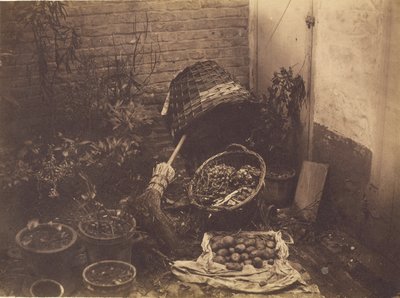 [有草篮、扫帚、打开的土豆袋和盆栽的静物］ 作者 Louis Désiré Blanquart Evrard