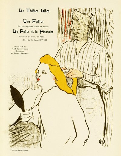 一位金发女郎在做发型时照镜子。Une faillite et Le Poete et le Financier》海报，1887 年安德烈-安托万（Andre Antoine，1858-1943 年）创建的自由剧院于 1893 年推出的戏剧作品，石版插图。 作者 亨利·德·图卢兹·劳特雷克