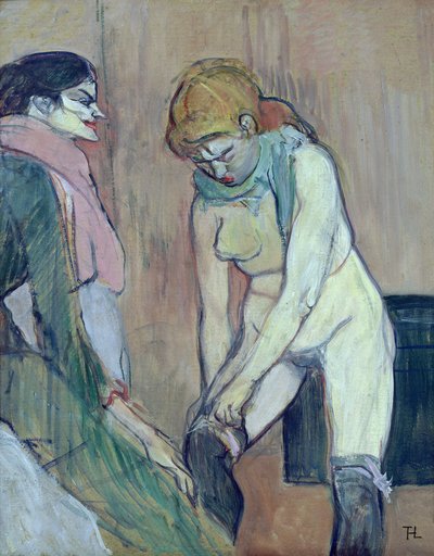 穿长袜的女人，或房屋中的女人，约1894年（卡片上有油） 作者 亨利·德·图卢兹·劳特雷克