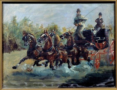 图卢兹·劳特雷克（Toulouse Lautrec）的阿方斯（Alphonse）驾驶电子邮件教练。邮件教练是一辆四匹马的轿车，在汽车顶部有几排座位。 Henri de Toulouse Lautrec的绘画 作者 亨利·德·图卢兹·劳特雷克