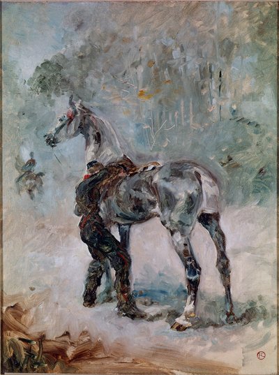 Gunner saddling his horse. Painting by Henri de Toulouse-Lautrec (1864-1901) 作者 亨利·德·图卢兹·劳特雷克
