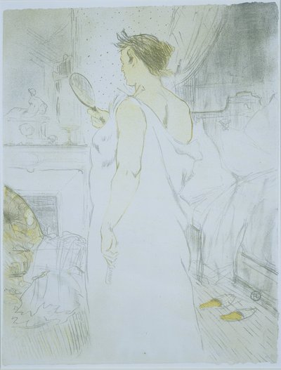 站立的女子对着一面手镜
Femme à glace（原标题）
La glace à main（原标题）
她（系列名称）
Elles （系列名称） 作者 亨利·德·图卢兹·劳特雷克
