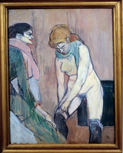 拉着丝袜的女人或“房子的女人”Henri de Toulouse Lautrec (1864-1901) 1894 年在纸板上作画。 0,58x0,46 米。 巴黎，奥赛博物馆 作者 Henri de Toulouse Lautrec
