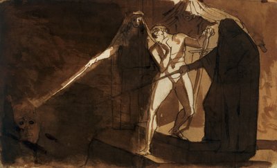 麦克白和三个女巫向他展示武装的头颅（水彩）。 作者 约翰·海因里希·富斯里