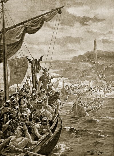 丹麦人对爱尔兰的袭击，插图来自“哈钦森的不列颠民族故事”，约 1920 年（石版画） 作者 亨利·佩恩