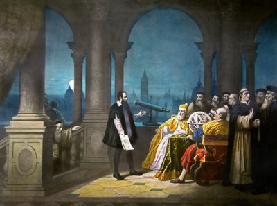 1609 年，伽利略-伽利莱向威尼斯总督莱昂纳多-多纳托和威尼斯参议院展示他的望远镜，约 1900 年（石版印刷）。 作者 亨利（之后）德图什