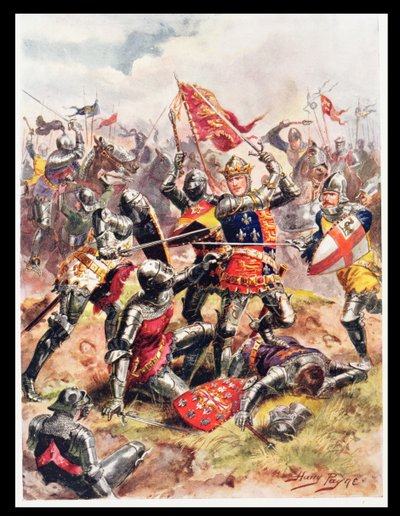 国王亨利五世（1387-1422）与英雄勇气战斗，来自英国历史上的辉煌战役的插图由CH Wylly少校，20世纪20年代 作者 亨利·佩恩
