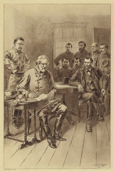 李向格兰特投降，阿波马托克斯，1865年4月9日（石印）。 作者 亨利·亚历山大（后）奥格登