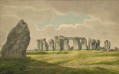 从东北方向看巨石阵，显示废墟和带车、马、人的脚跟石，1824-1839年 作者 亨利·布朗