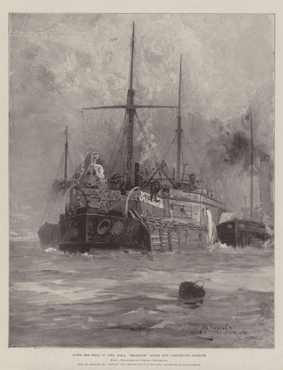 在她的火灾审判后，HMS Belleisle被拖入朴茨茅斯港 作者 Henry Charles Seppings Wright