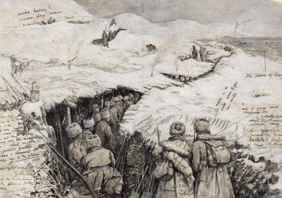 加利西亚，俄罗斯军队穿着雪覆盖的山丘，1916年3月13日（墨水和水粉在纸上） 作者 亨利·查尔斯·塞普金斯·赖特