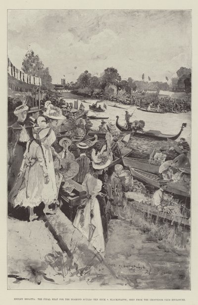 从Grosvenor Club Enclosure看到的Henley Regatta，钻石双桨（Ten Eyck v Blackstaffe）的最后热火 作者 亨利·查尔斯·塞普金斯·赖特