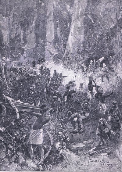 阿桑蒂战争1900年：在森林里的战斗，插图来自英格兰的历史，20世纪 作者 亨利·查尔斯·塞普金斯·赖特