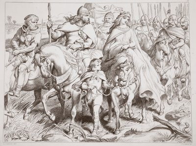 在这里，保护Alftruda到一个安全的地方，来自Hereward the Great的插图来自Charles Kingsley，酒吧。 1870年，由CG刘易斯雕刻（钢板雕刻） 作者 亨利·考特尼·塞卢斯