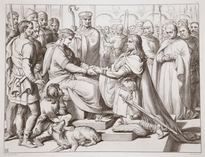 如何进入国王，来自查尔斯金斯利，酒吧的Hereward the Great的插图。 1870年，由CG刘易斯雕刻（钢板雕刻） 作者 亨利·考特尼·塞卢斯