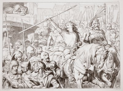 如何转向狂战士，来自查尔斯金斯利，酒吧的Hereward the Great的插图。 1870年，由CG刘易斯雕刻（钢板雕刻） 作者 亨利·考特尼·塞卢斯