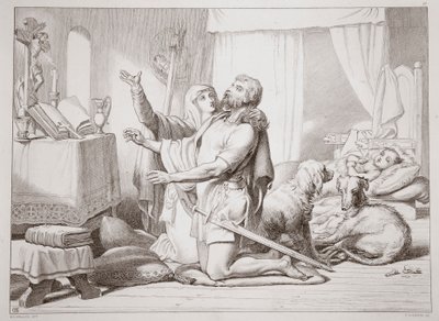 Torfrida如何教导向下祈祷，来自Hereward the Great的插图来自查尔斯金斯利，酒吧。 1870年，由CG刘易斯雕刻（钢板雕刻） 作者 亨利·考特尼·塞卢斯