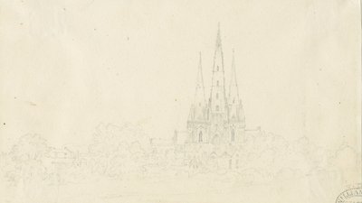 利奇菲尔德大教堂-东视图：铅笔素描，nd [？19th cent] 作者 亨利·柯曾·奥尔波特