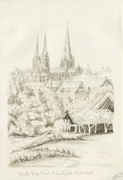 利奇菲尔德大教堂-西南景观：钢笔画，nd [？1788-1855]（画图） 作者 亨利·柯曾·奥尔波特